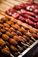 Grill and fried silkworm pupae in a food market in Beijing, China.
