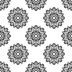 Fantasy seamless pattern with ornamental mandala. Abstract round doodle flower background. Floral geometric circle. Vector illustration. 