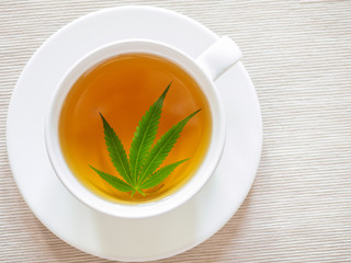 tea with marijuana. Cannabis leaf is brewed in herbal decoction to treat pain and increase appetite. concept of marijuana use for medicinal purposes.