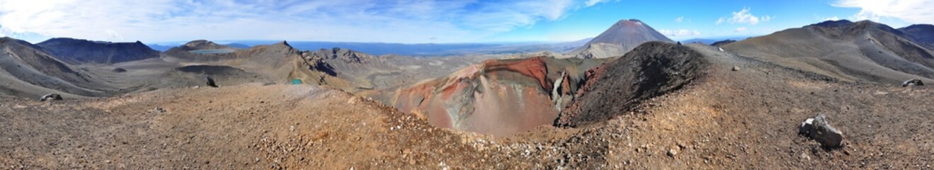 Panorama view of Mount Ngauruhoe and Red Crater at Tongariro Alpine Crossing, North Island, New Zealand.