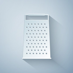 Paper cut Grater icon isolated on grey background. Kitchen symbol. Paper art style. Vector Illustration