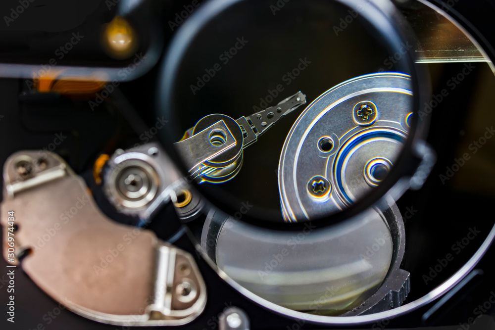 Aufkleber disassembled hard drive from the computer, hdd with mirror effect. opened hard drive from the comput