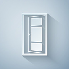 Paper cut Open door icon isolated on grey background. Paper art style. Vector Illustration