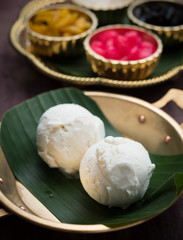 Coconut milk ice cream on brass blow with Thai Desserts,water chestnuts ,grass jelly and sweet potatoes