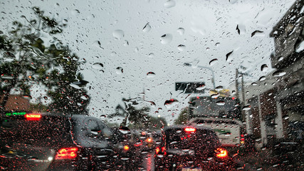 Rain on car glass drop