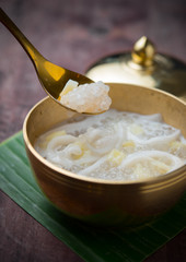 Sweet Sago Cream with coconut milk on wood,Thai dessert