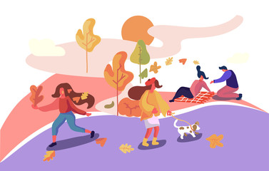 Different people enjoining in the colorful park during the autumn. stock illustration