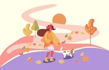 Obraz na płótnie Canvas Girl taking a dog for a walk in the park. stock illustration