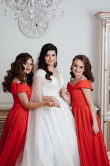 Fototapeta na wymiar Happy girls at their best friend's wedding. Beautiful and elegant bride with bridesmaids. Gorgeous bride with her girlfriends posing in the room. Morning of beautiful bride