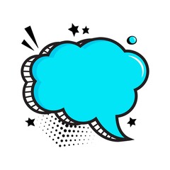Blue empty comic speech bubble with halftone dots shadow and stars in pop art style. Vector illustration