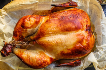 chicken baked grill (poultry, whole hen) menu concept. food background. top view. copy space