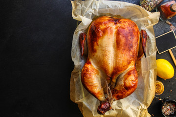 chicken baked grill (poultry, whole hen) menu concept. food background. top view. copy space