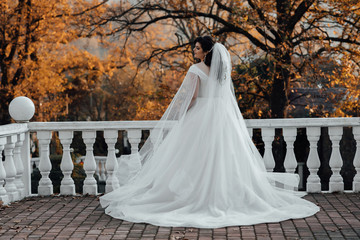 Beautiful bride in fashion wedding dress in autumn. The stunning young bride is incredibly happy. Young beautiful stylish bride, bridal fashion, autumn trend. Beautifully fluttering veil