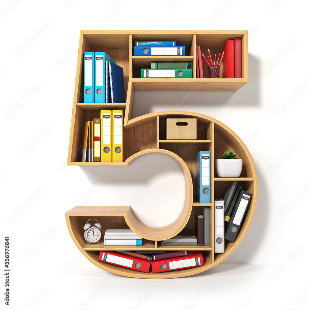 Poster number 5. alphabet in the form of shelves with file folder, binders and books isolated on white. arc