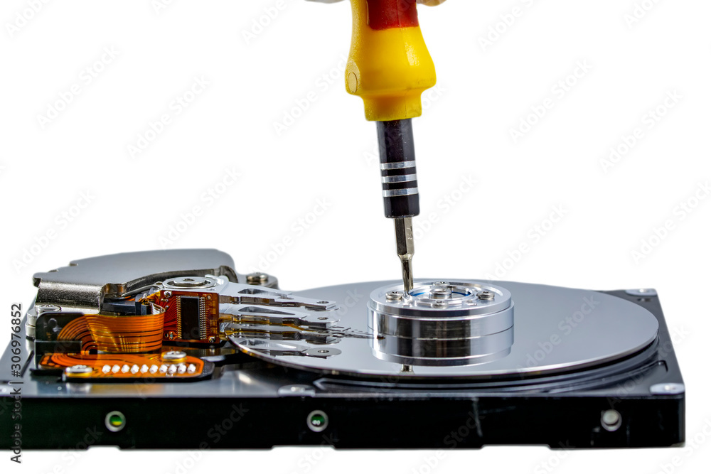 Poster disassembled hard drive from the computer, hdd with mirror effect. opened hard drive from the comput