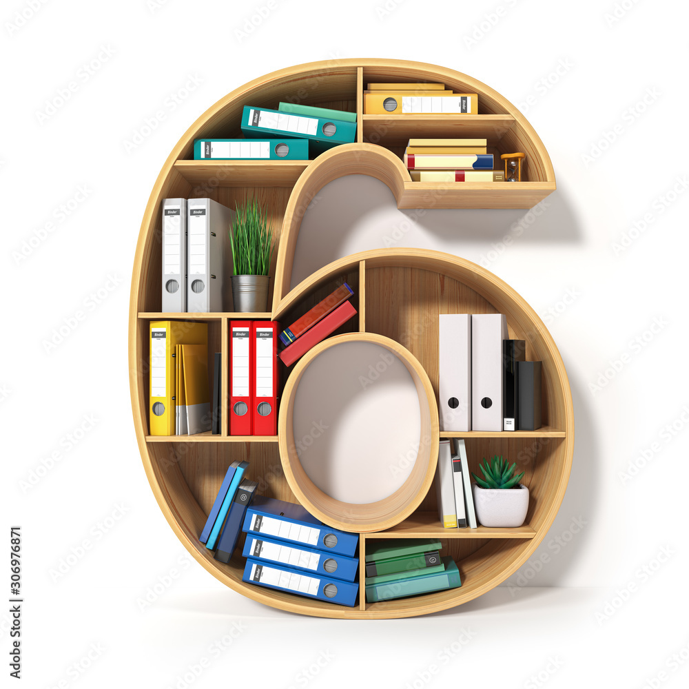 Poster number 6. alphabet in the form of shelves with file folder, binders and books isolated on white. arc