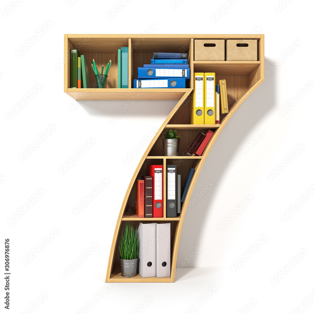 Poster Number 7. Alphabet in the form of shelves with file folder, binders and books isolated on white. Archival, stacks of documents at the office or library.