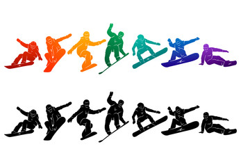 Snowboard, snowboarders, snowboarding extreme winter sport people silhouettes vector illustration, riding a board, tricks