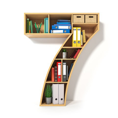 Number 7. Alphabet in the form of shelves with file folder, binders and books isolated on white. Archival, stacks of documents at the office or library.