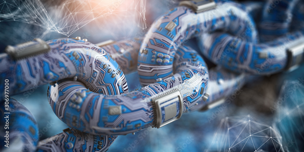 Poster Blockchain technology concept. Chain in form of pc circuit board with cpu on blue futuristic background.
