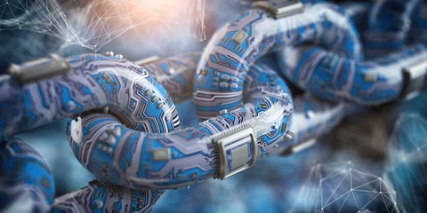 Foto op Aluminium Blockchain technology concept. Chain in form of pc circuit board with cpu on blue futuristic background. © Maksym Yemelyanov