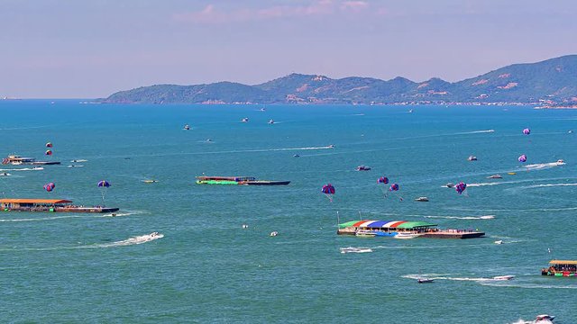 4K.Time lapse  View of Pattaya Bay with a speedboat sailing back and forth   Pattaya city Chonburi Thailand