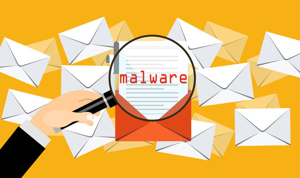 Concept of virus, piracy, hacking and security. Envelope with walware. Website banner of e-mail protection, anti-malware software. Flat vector illustration.