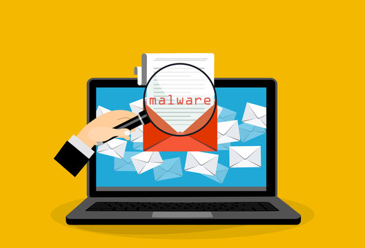 Concept of virus, piracy, hacking and security. Envelope with walware. Website banner of e-mail protection, anti-malware software. Flat vector illustration.