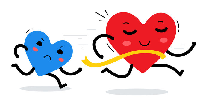 Vector Illustration Of Red Smiling Happy Heart And Blue Sad Heart Character Running Marathon On White Background.