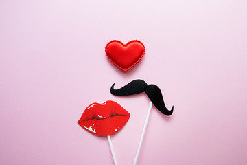 Saint Valentine, love, flatlay overhead top black paper photo stand props emotion lips pink...