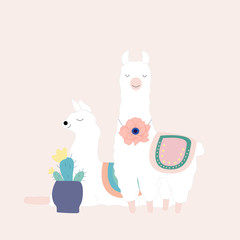 cute llamas and succulents, vector illustration