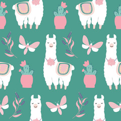 Cute llamas and butterflies in a seamless pattern design