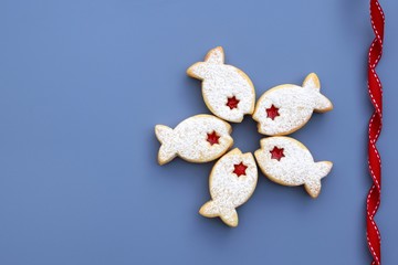 Romantic concept with linzer cookies in a shape of fish