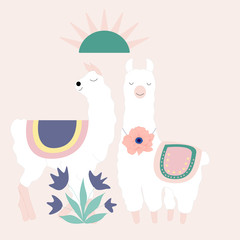 colorful sun, llamas and flowers, vector illustration