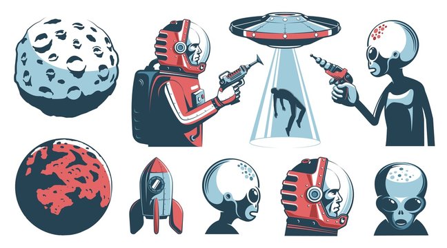 Alien UFO vintage set with astronaut and martian. Space retro design elements. Vector illustration.
