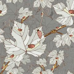 seamless pattern of grape leaves and snails