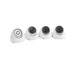 CCTV security camera video equipment. Surveillance monitoring. Video camera lens closeup. Macro shot. Security concept. Security camera isolated on white
