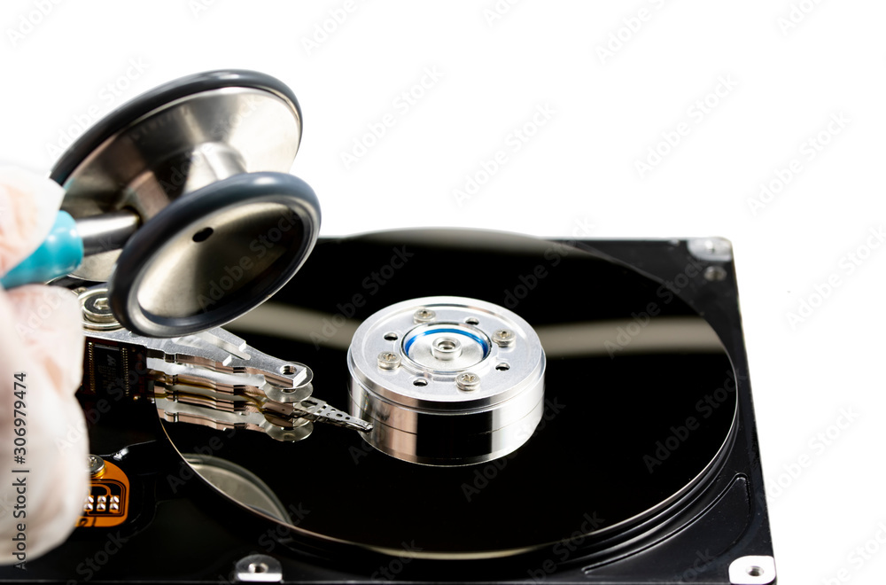 Poster disassembled hard drive from the computer, hdd with mirror effect. opened hard drive from the comput