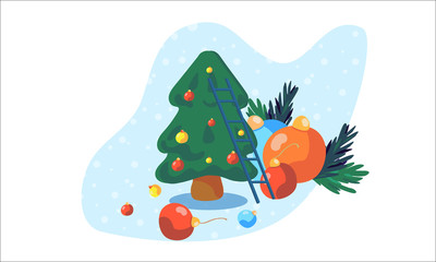 Making a beautiful Christmas atmosphere. Decorating Christmas tree.