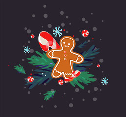 Gingerbread man with candies and pine tree on dark background. stock illustration