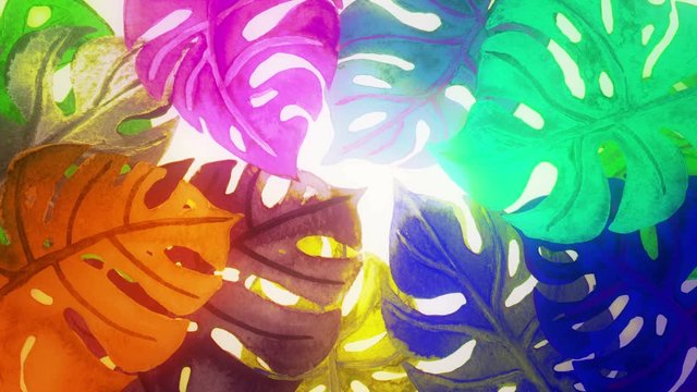 Abstract background with hand drawn watercolor tropical palm leaves. Seamless looping 4K footage. 