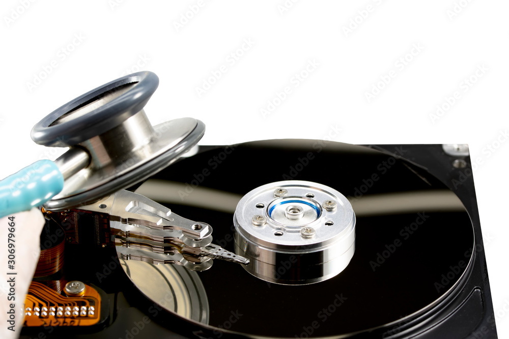 Poster disassembled hard drive from the computer, hdd with mirror effect. opened hard drive from the comput