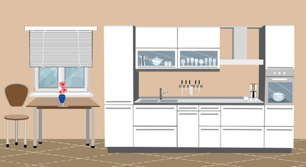 Kitchen . Furniture, stove, table, two chairs and other objects. Vector flat illustration