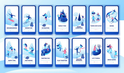 Winter sports mobile app template big set, ski, snowboard,together, vertical layout, ui design, ice skating simple family, isometric minimal people illustration, vector winter sport, skating rink