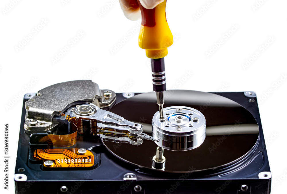 Poster disassembled hard drive from the computer, hdd with mirror effect. opened hard drive from the comput