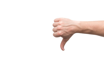 Hand thumb down isolated on white background. Rejection symbol.