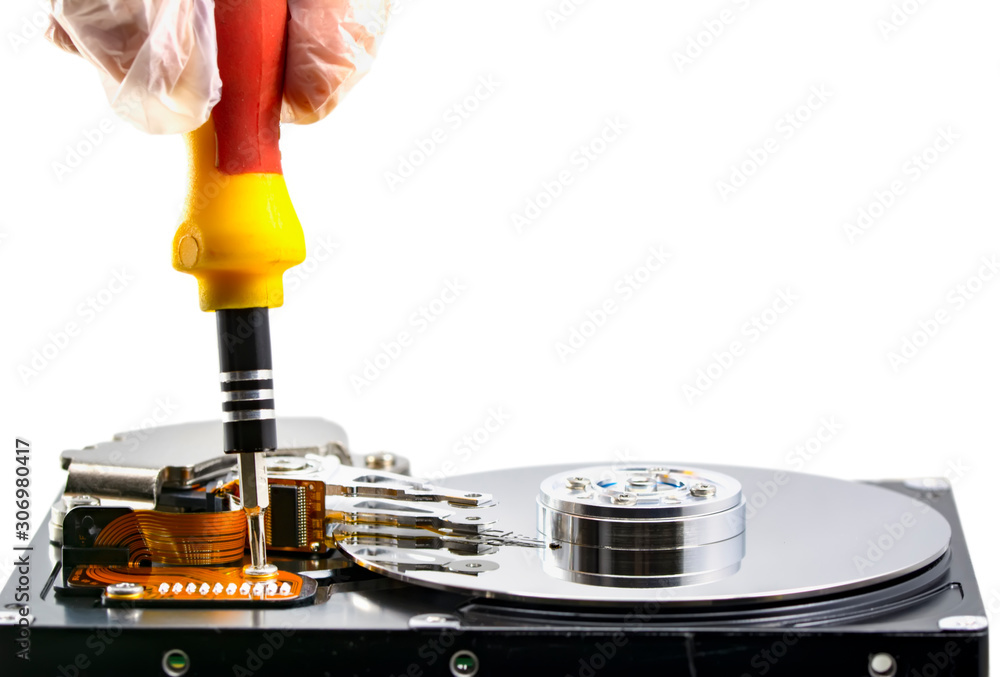 Poster disassembled hard drive from the computer, hdd with mirror effect. opened hard drive from the comput