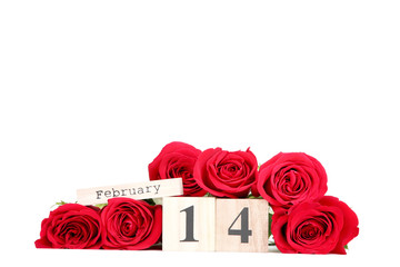 Bouquet of red roses with wooden calendar isolated on white background