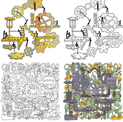 Set of colourings. Creative pattern made of steel and metallic gears on white background with flowers and leaves and little men. Creative steampunk mechanical backdrop. Vector illustration.