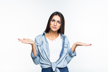 A portrait of a pretty woman with her hands raised up isolated on white background